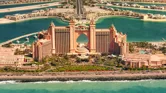 Panoramic view at sunset of Dubai from Palm Island, United Arab Emirates
