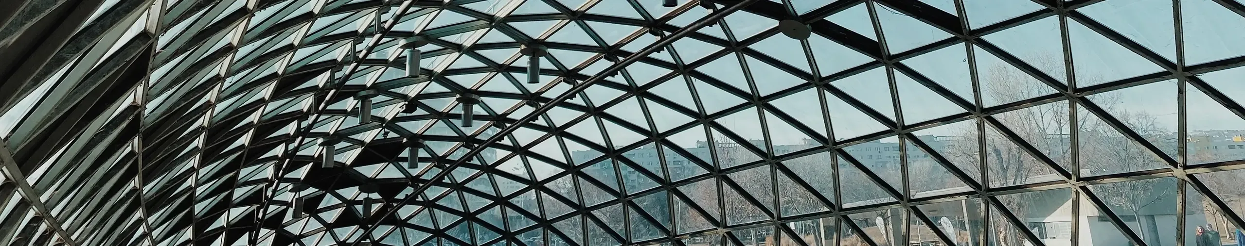 Low-angle view of an intricate, curved glass gridshell roof. 